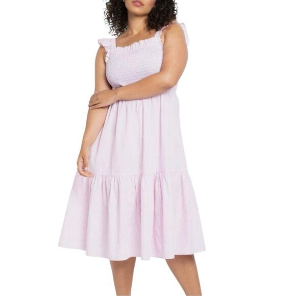 NWT Eloquii Pink Striped Smocked Ruffle Midi Dress – Size 18/20 Plus - Picture 3 of 10